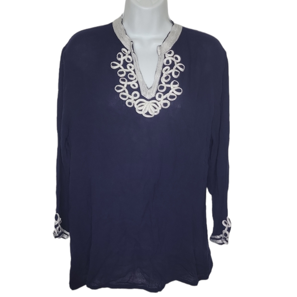 525 america Navy White Embroidery Neckline Long Sleeve Made in India Blo…